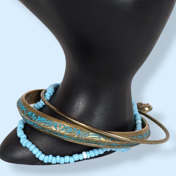 Set of 3 Gold Tone & Blue Bracelets - Picture 2 of 5